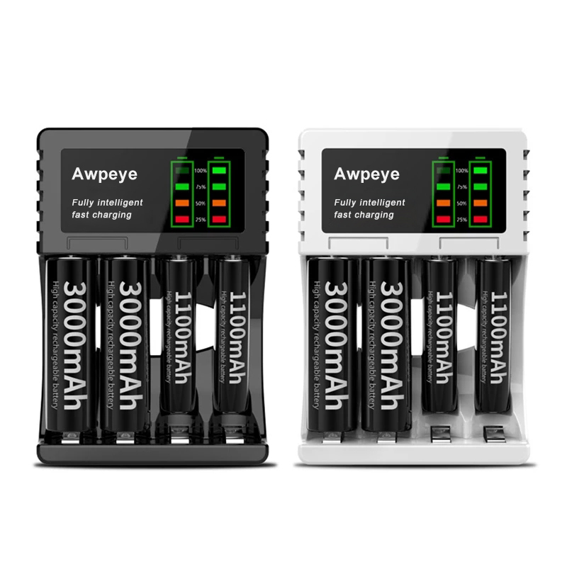 Awpeye Battery charger with fast led, 4 spaces, suitable for aa aaa, ni mh, ni cd, with intelligent short circuit protection and rechargeable battery charger