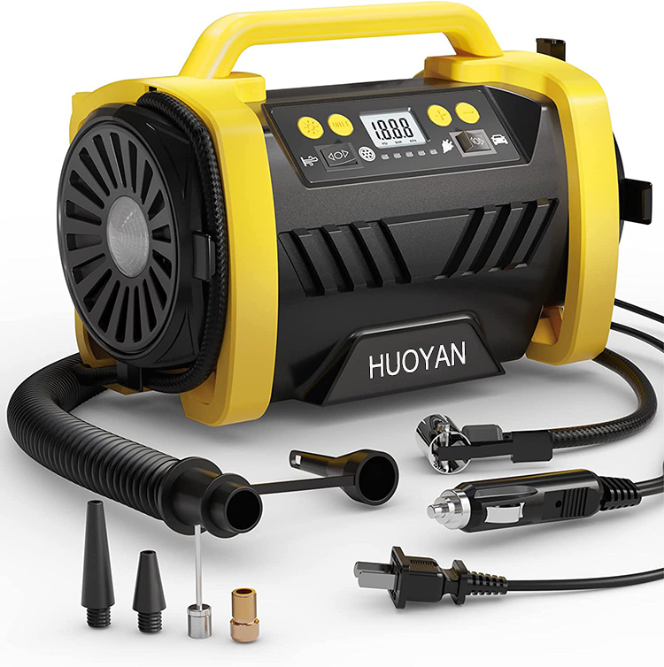 HUOYAN Tire Inflator Portable Air Compressor - 12V DC/110V AC Car Tire Pump for Air Mattress Beds, Boats with Inflation and Deflation Modes.