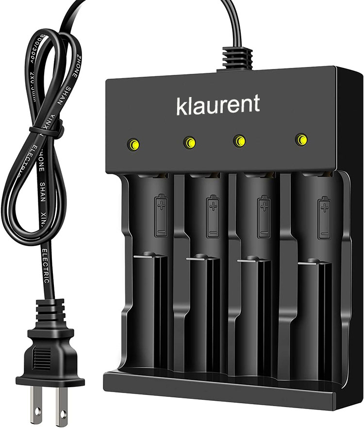 klaurent Battery Charger 4 Bay Smart Universal Charger for 3.7V Rechargeable Lithium Li ion Batteries Compatible 18650 26650 21700 10400 14500 16340 16650 18500 Battery Charger