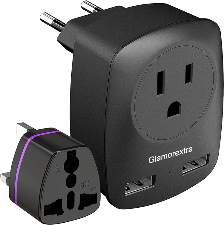 Glamorextra Electrical adapters German France Spain European Travel Plug Adapter Type E F, US to Europe Schuko AC Outlet Adapter with 2 USB Charger for EU Greece Iceland Russia Norway Germany French European Power Adaptor