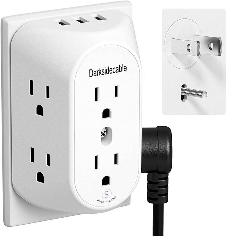 Darksidecable Electrical adapters 2 Prong Power Strip with 3 USB, 3 to 2 Prong Grounding Outlet Adapter, Polarized Plug, Surge Protector, 3-Sided 6 Outlet Widely Spaced Extender, Mountable Wall tap for Non-Grounded Outlets