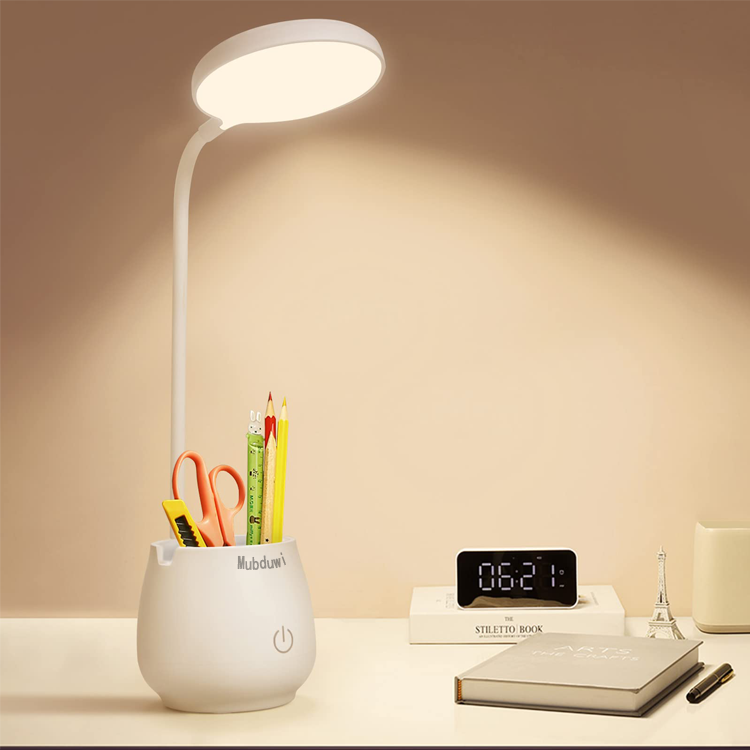 Mubduwi Desk Lamp for Home Office Dorm, Rechargeable Small LED Desk Light with Pen/Phone Holder, Eye-Caring Small Table Lamp with 3 Color Light Modes, USB Night Light for Students Dorm, Kids Room