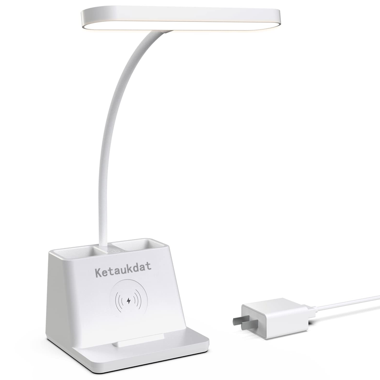 Ketaukdat Tapwak Small Desk Lamp with Wireless Charger, White Gooseneck Desktop Lamp, Study Lamps for Bedrooms/Small Spaces Desk Lights for Home Office with Pen Holder, Cute Desk Lamp for College Dorm Room