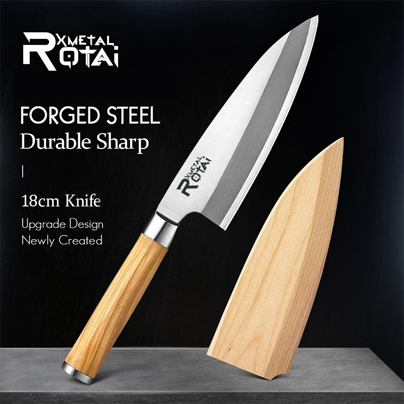 XMETAL ROTAI Olive wood sheath x8cr14mov forged steel kitchen knife cutting head fish sharp tool 18cm long professional chef knife cutting fish kitchen knife