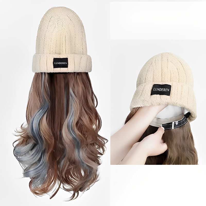 LUNDEREN Long curly hair knitted Wig caps cap women's wig detachable synthetic cap wig autumn and winter