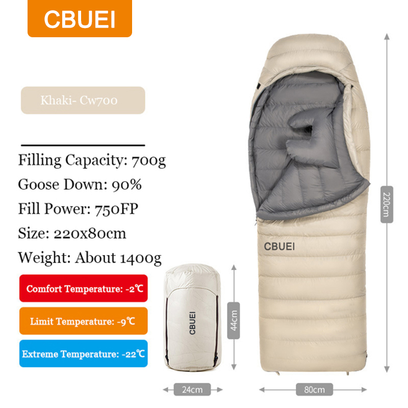 CBUEI Sleeping bag cw700/cw1000 90% goose down filling winter warm camping sleeping bag solo travel