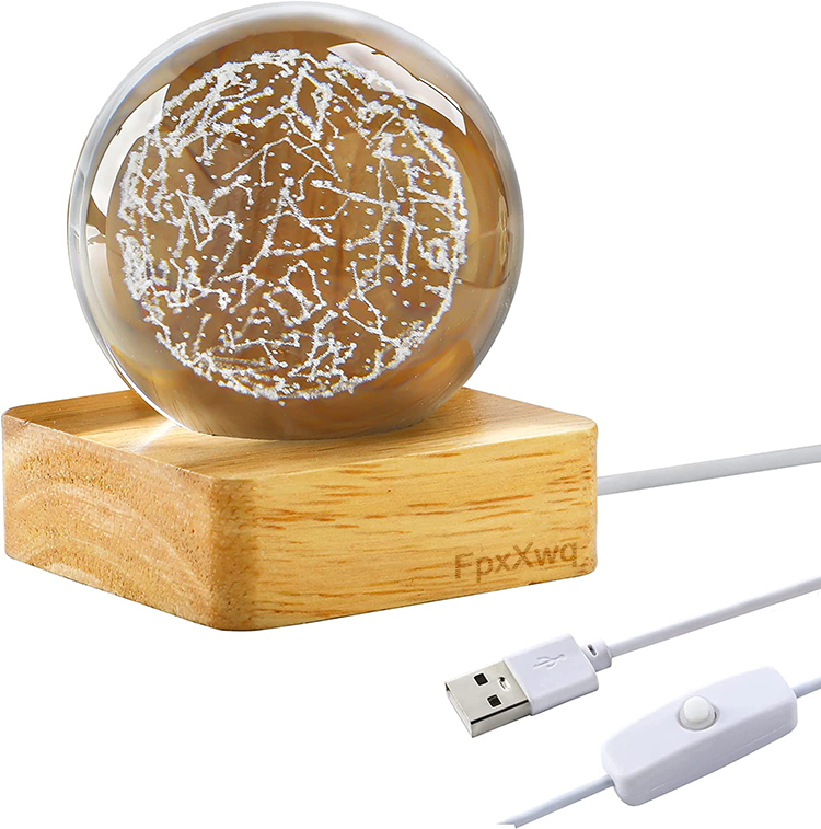 FpxXwq 3D Laser Constellation Crystal Ball Crystal Paperweight Engraved Full Sphere Glass Fengshui with Wood LED Light Base