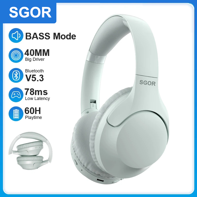 SGOR Headset wireless headset Bluetooth 5.3 bass stereo headset 78 ms low latency game 60 hours playback time Dual device connection