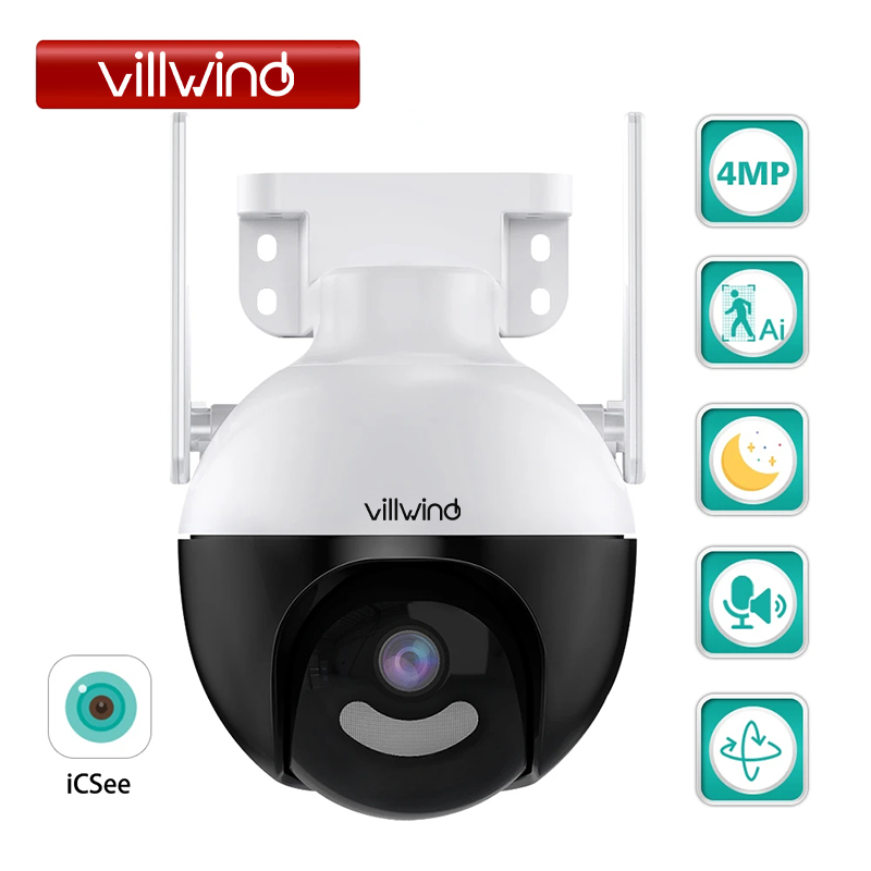 Villwind Outdoor surveillance camera wifi ptz hd 4mp ai two-way human body detection audio color night vision video security camera