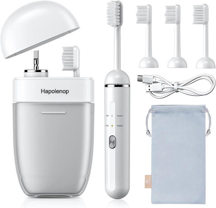 Hapolenop Toothbrushes Electric, Portable Sonic Toothbrush Equipped with Travel Case & Mouthwash Cup, Rechargeable Power Toothbrush with 4 Modes & 4 Brush Heads for Adults