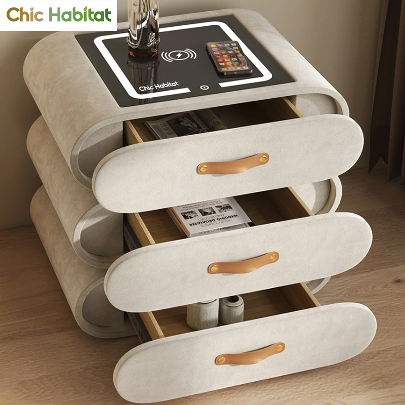 Chic Habitat Nightstands for Bedroom Smart Bedside Table Light Luxury Rotating Wireless Charging Glass Audio Storage Multifunctional Cabinet