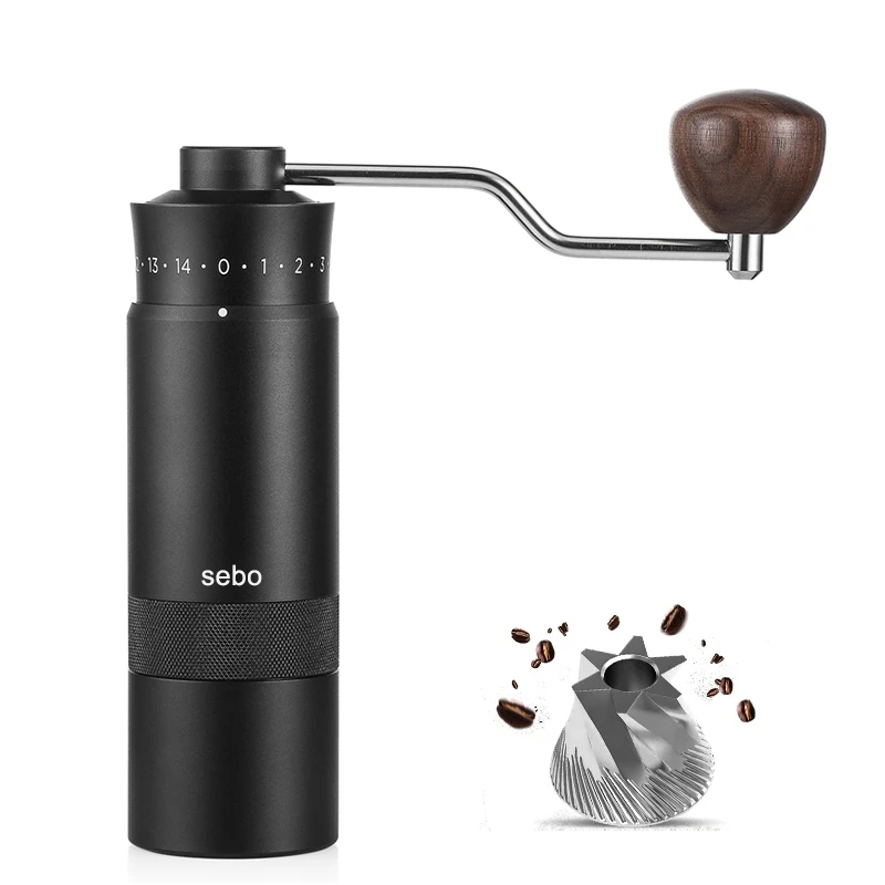 sebo Manual coffee grinder with external adjustment and dual bearing positioning magnetic powder bin, stainless steel 38mm burrs