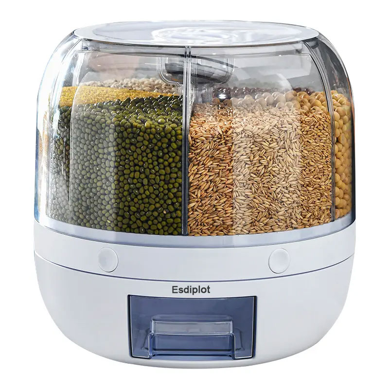 Esdiplot Kitchen storage container rotating dry grain rice dispenser 6 grid rotating grain bucket rice container storage